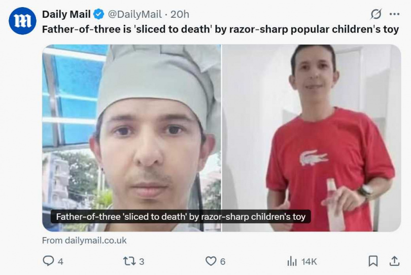 41歲三寶爸因機車行經路段遭風箏線割喉，送醫不治。（圖／翻攝自X）