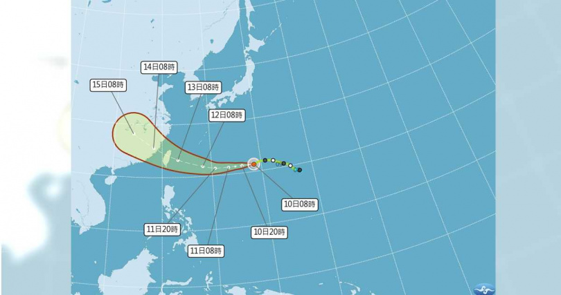 輕度颱風「楊柳」進行路徑潛勢預報圖。（圖／翻攝自氣象署官網）