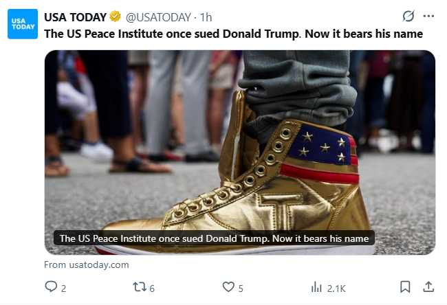 更名前,美國和平研究院曾因政府接管行動與行政訴訟交鋒,案件目前仍在上訴程序中。(圖/翻攝自X,@USATODAY)