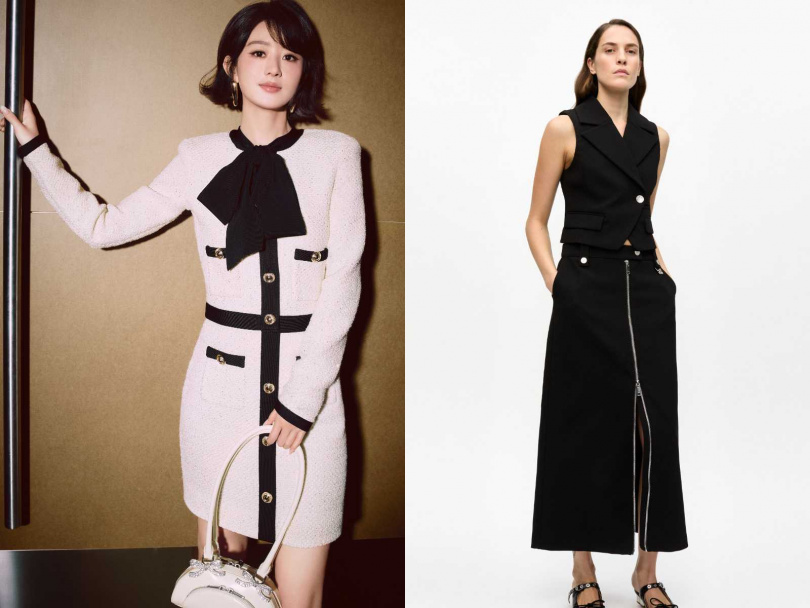 （左）self-portrait 米色外套／20,800元、self-portrait 米色短裙／13,800元；（右）GANNI黑色西裝背心／9,800元、GANNI黑色拉鍊長裙／13,800元 （圖／品牌提供）