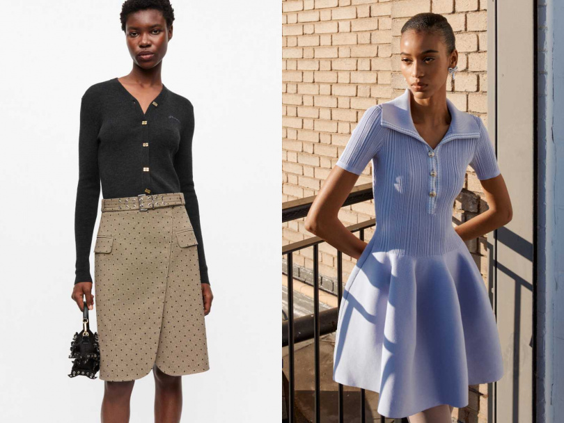 （左）GANNI深灰色修身針織開襟衫／10,800元、GANNI駝色西裝裙／12,800元；（右）self-portrait寶寶藍針織洋裝／16,800元（圖／品牌提供）