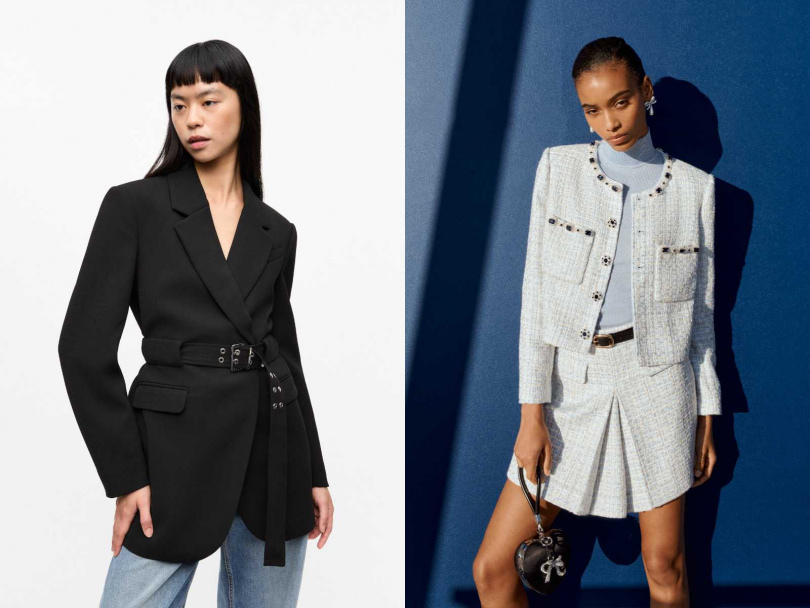 （左）GANNI黑色綁帶西裝外套／18,800元；（右）self-portrait 外套／24,800元、self-portrait短裙／13,800元（圖／品牌提供）