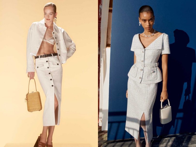 （左）self-portrait 米白色丹寧外套／14,800元、self-portrait 米色丹寧鉛筆裙／12,800元；（右）self-portrait淡藍色毛呢收腰洋裝／22,800元 （圖／品牌提供）