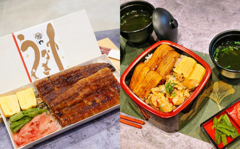 鰻鰻EXPRESS開幕祭出「一本鰻便當」半價（左），右為每日限量新品「鮮蛤鰻」定食套餐，原價328元、嘗鮮價只要298元，以蒲燒風味星鰻搭配椒麻鮮蛤，一次雙饗。（圖／魏妤靜攝）