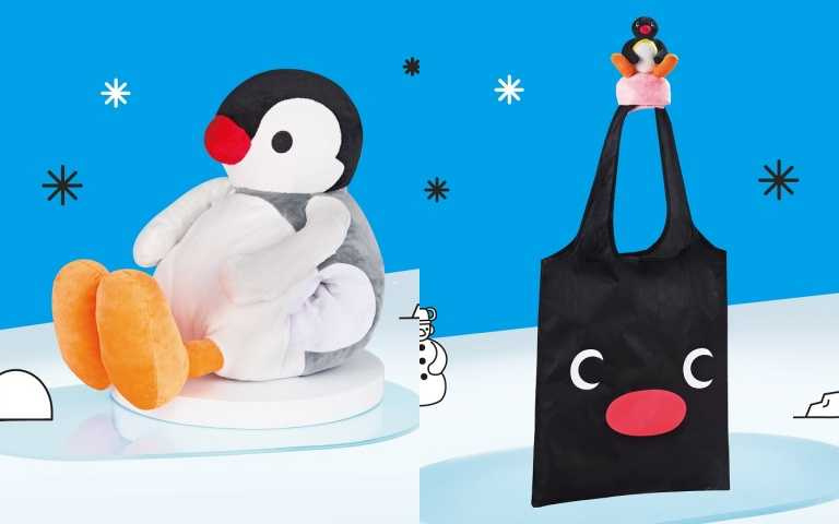 寶雅 × Pingu企鵝家族 40週年聯名盲盒系列，Q萌登場購物袋（6枚+199元）、舒壓坐姿抱枕（20枚+0元，線上買限定）。（圖／品牌提供）