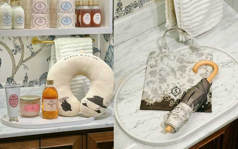 SABON × LAIMO 馬來貘聯名頸枕，滿額贈活動限定。周年慶滿12,800元加碼晴雨兩用傘。（圖／品牌提供）