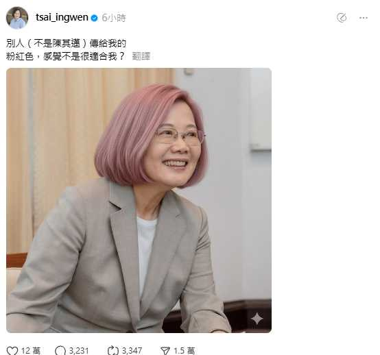 前總統蔡英文以AI修圖換上亮眼「BLACKPINK粉紅髮」,幽默自嘲「粉紅色不適合我?」引發網友瘋狂按讚與二創。(圖/翻攝自蔡英文Threads)