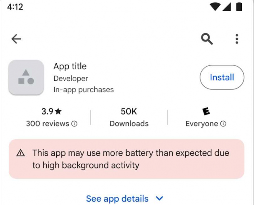 被認定是不良耗電App,會影響在Google Play商店排名之外,還會顯示「這是耗電App」,提醒用戶是否下載。(圖/翻攝自Google)
