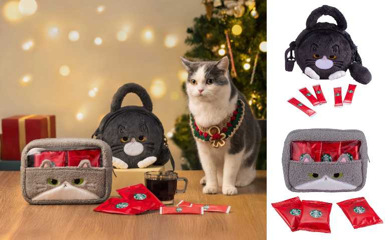 星巴克 耶誕VIA白襪灰貓包/880元、耶誕掛耳灰貓透明收納包/880元(圖/品牌提供)