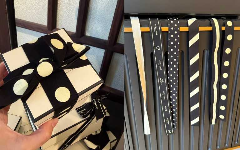 Jo Malone London個人化禮贈包裝服務今年超多樣化，各種圖案的黑白緞帶和禮盒供你選擇！實在太美了！（圖／黃筱婷攝）