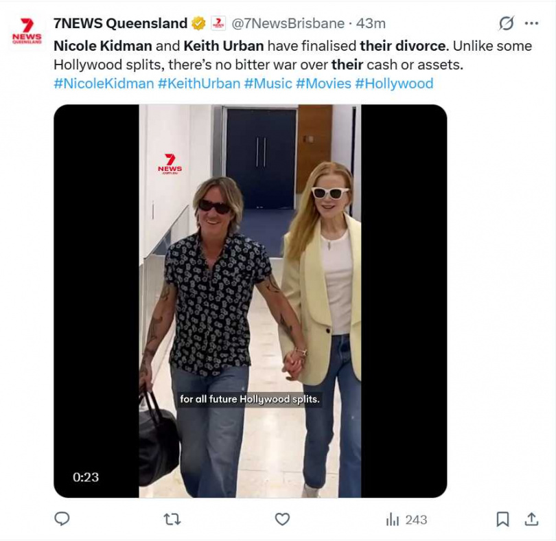 兩人離婚協議內容曝光,包含財產分配與子女監護安排,強調和平共識與家庭穩定。(圖/翻攝自X,@7NewsBrisbane)