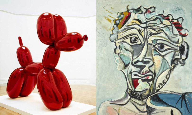 (左)傑夫.昆斯, 〈氣球狗(紅)〉, 1994-2000, 彩色透明塗層、無縫鏡面拋光不銹鋼。(右)巴布羅.畢卡索, 〈男子頭像〉, 1971, 油彩、畫布。(圖/臺中市立美術館提供)