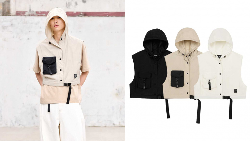 Unisex 輕行連帽短版層次背心_黑、米、象牙白／4,800元（圖／品牌提供）