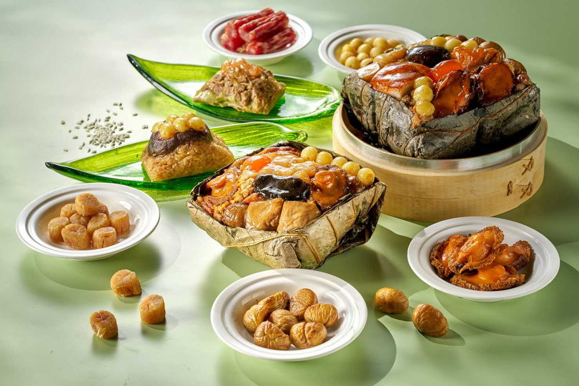 江南春推出2,288元的「端陽飄香粽禮盒」，珍珠坊推出1,888元的「廣式福粽禮盒」。（圖／台北福華大飯店提供）