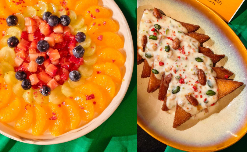 充滿罪惡感的甜點「炸吐司與煉奶」（左）香甜濃郁，｢水果米布丁」富有口感又不膩。（圖／魏妤靜攝）