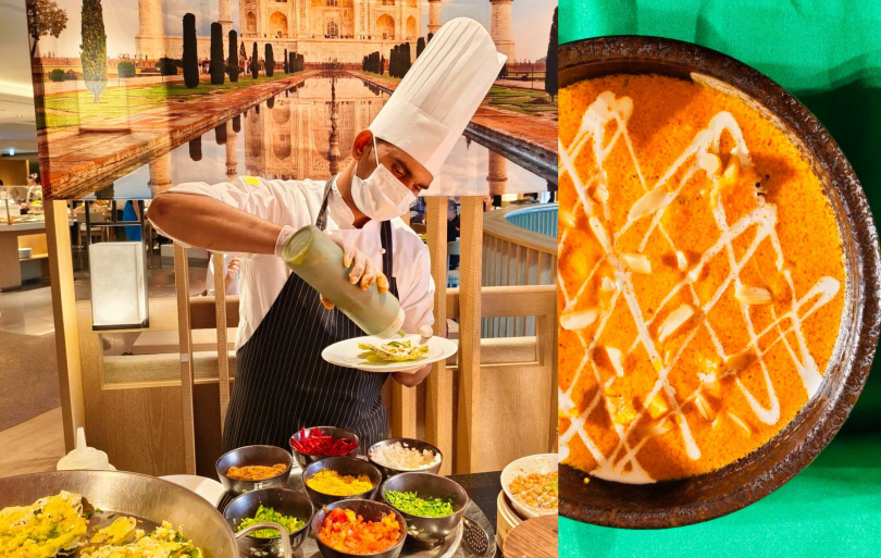 口感酥脆的「炸菠菜沙拉」（左）會現場淋上酸香醬料與多種蔬菜，右為風味醇厚的｢杏仁起司咖哩」。（圖／魏妤靜攝）