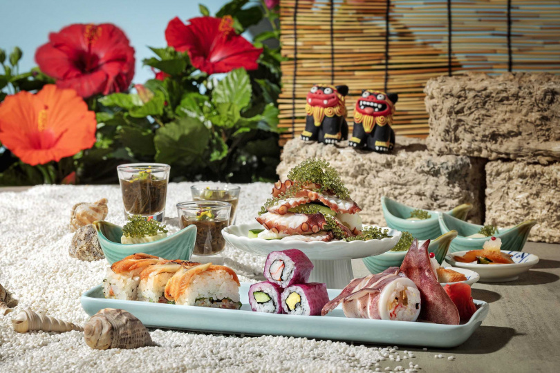 欣葉日本料理沖繩季推出的各種壽司、小缽與冷菜。（圖／欣葉日本料理）