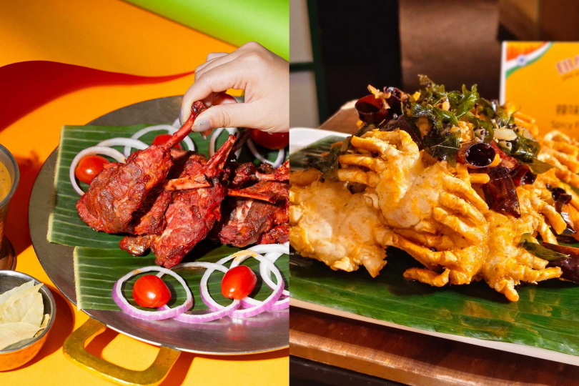 ｢拉合爾塔瓦羊排」（左）透過慢烤襯托出肉質鮮甜，右為果阿邦代表性料理之一｢辣炒螃蟹」。（圖／台北遠東香格里拉提供、魏妤靜攝）