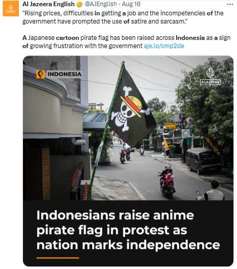 印尼警方在部分地區查扣動漫旗幟，引發外界批評侵犯言論自由。（圖／翻攝自X，@AJEnglish）