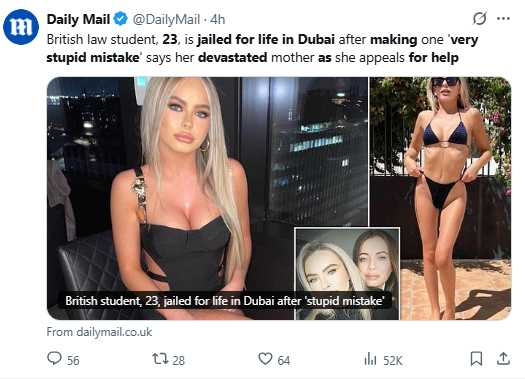 米婭目前羈押在杜拜中央監獄，根據當地法律，無期徒刑通常等同於服刑15至25年。（圖／翻攝自X，@DailyMail）