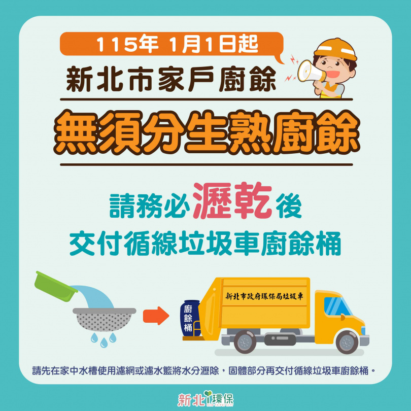 清潔隊收運家戶之一般垃圾或廚餘，皆應符合分類及瀝乾水份等相關規定。（圖／新北市環保局提供）