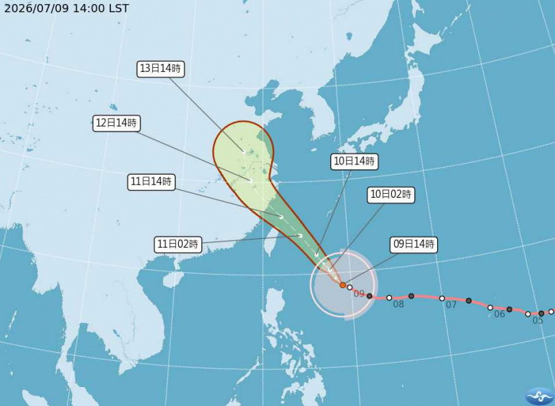 氣象署公布巴威最新路徑預測，首波海上警戒範圍涵蓋台灣東北部、東南部海面及巴士海峽。（圖／中央氣象署提供）