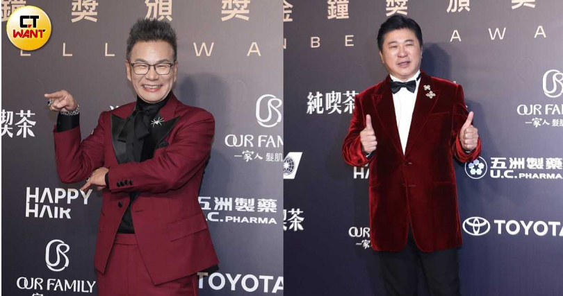胡瓜與沈玉琳不約而同穿上勃根地紅色系西裝現身金鐘紅毯。（圖／本刊攝影組）