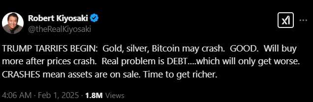隨著川普提高關稅，羅伯特清崎表示，黃金、白銀、比特幣的價格可能會崩盤 。（圖／翻攝自X）