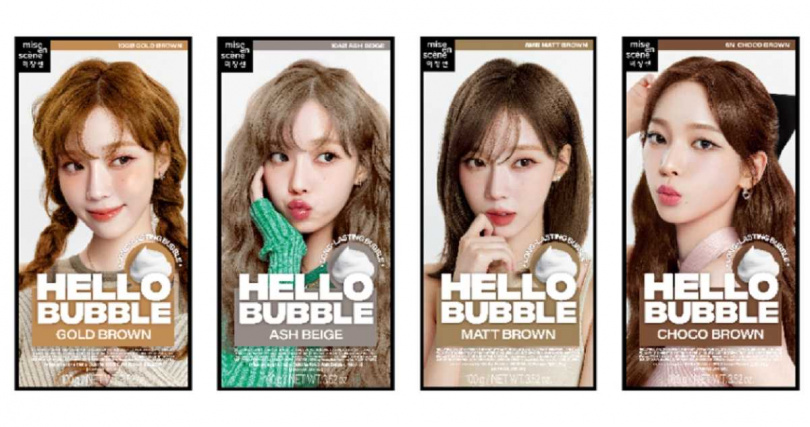 四款新色分別為10AB霧灰奶茶、10GB金棕色、8MB優雅茶棕與6N巧克力棕。魅尚萱 HELLO BUBBLE 泡沫染髮 100g／450元（圖／品牌提供）