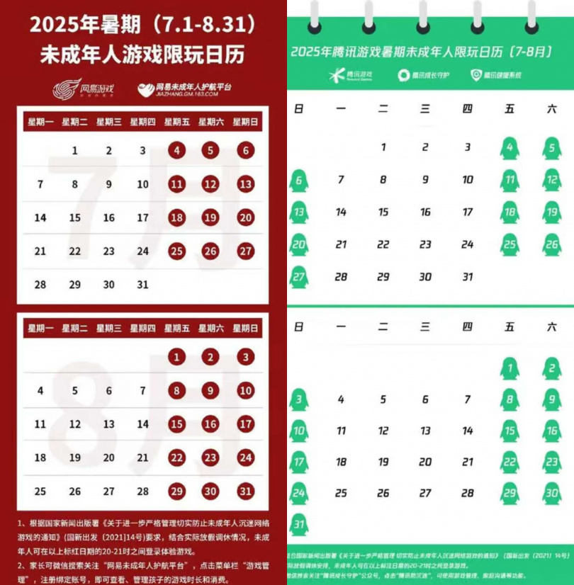 中國兩大遊戲公司針對未成年用戶的限玩時間表。（圖／翻攝自微博）