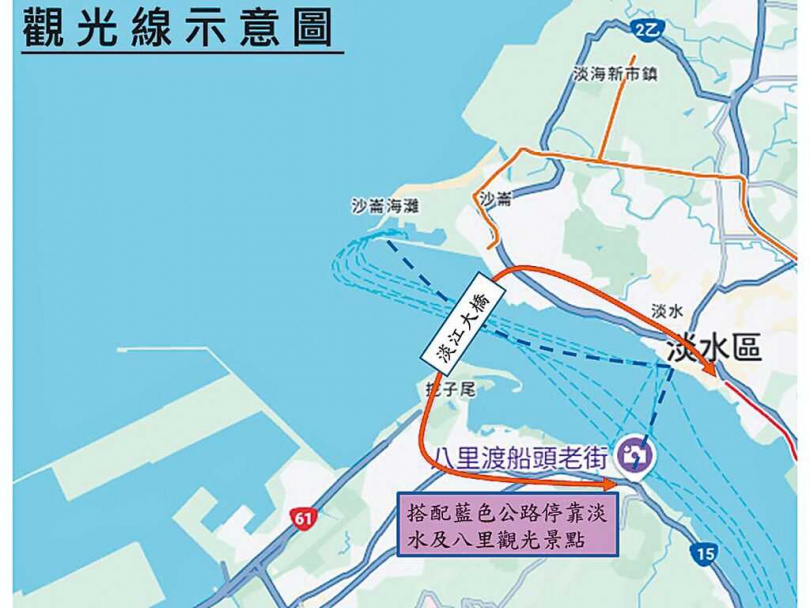 新北交通局在淡江大橋沙崙路匝道南側建置「微型轉運站」預計在今年底前完工，並新闢「桃園機場快線」、「板橋快線」及「淡水─八里觀光公車路線」（見圖）等3條路線。（圖／新北市交通局提供／中國時報張鎧乙新北傳真）
