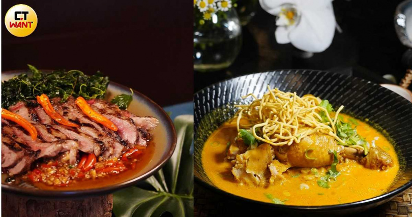 「澳洲和牛佐打拋醬」（左，1,980元）、「泰北酥炸雞腿金麵」。（980元，圖／魏妤靜攝）