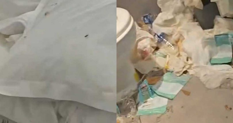 枕頭、被子上出現辣條的油漬。(圖/翻攝自微博/揚子晚報)