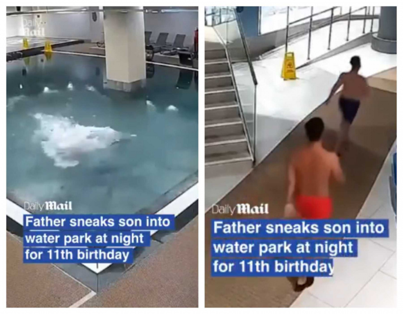 水上樂園監視器拍下父子深夜玩水場景,兒子開心戲水不願離開。(圖/翻攝自每日郵報網頁)
