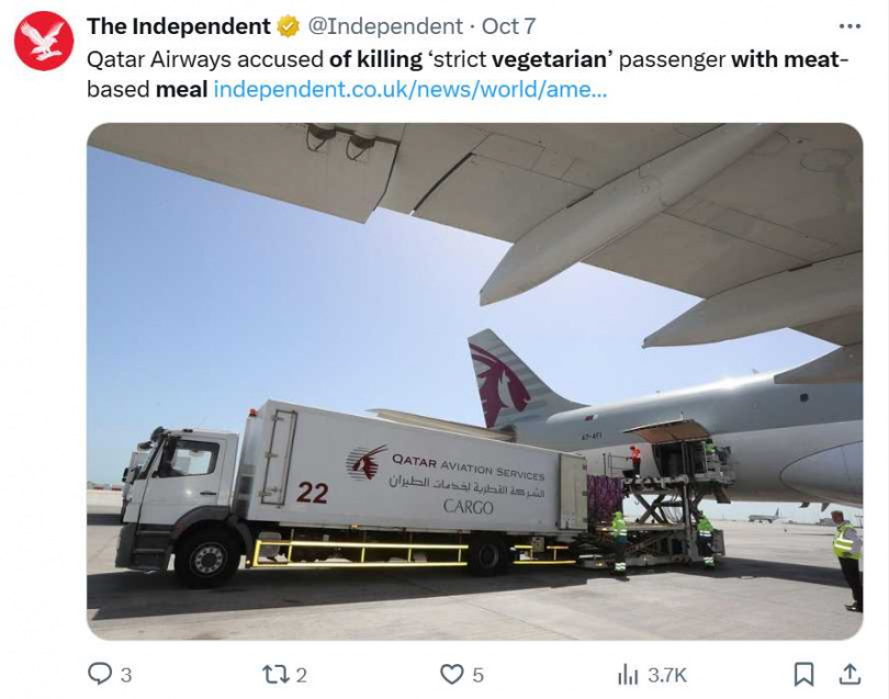家屬指出，機組人員當時僅提供含肉餐點，要求素食者「避開肉品食用」。（圖／翻攝自X，）
