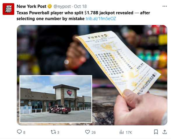 這張威力球彩券因誤選一個號碼意外中獎，得主團體表示將與社區共享這筆獎金。（圖／翻攝自X，@nypost）