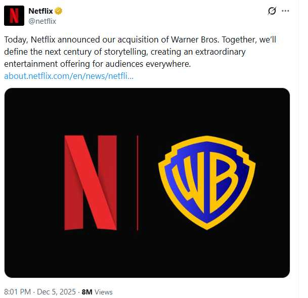 Netflix砸下逾2兆台幣與華納兄弟探索談併購，引發美國導演工會與影人憂慮。（圖／翻攝自，@netflix）