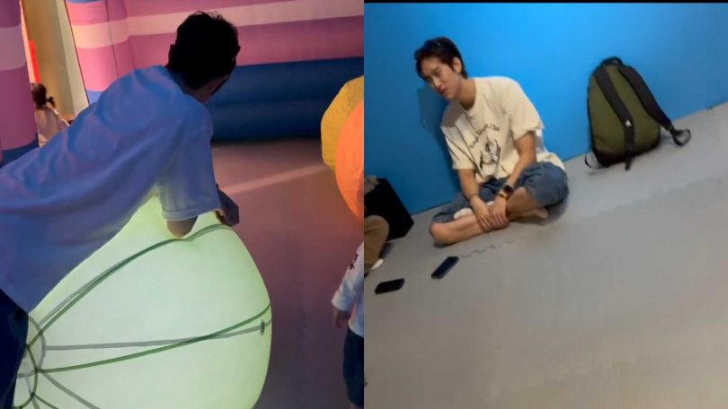 陪粿醬玩一輪的范姜,回到入口住與朋友閒聊稍作休息。(圖/讀者提供)