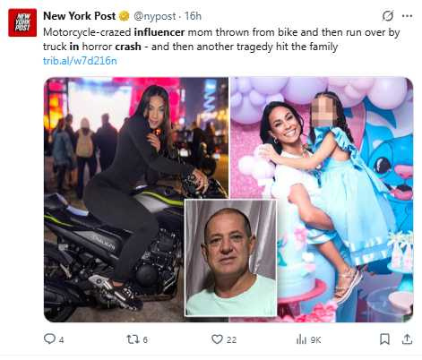 巴西重機網紅卡拉塔伊娜拉車禍喪命，父親得知噩耗後不幸身亡。（圖／翻攝自X，@nypost）