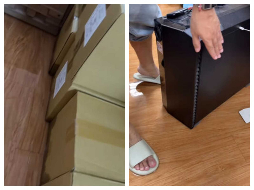 辦公室積水持續蔓延,電腦主機與地面電線受到威脅,團隊緊急搬移設備。