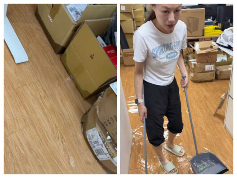 白海豚外圍環流帶來強降雨,3C達人Tim哥公司慘遭積水灌入,木質地板整片泡水。