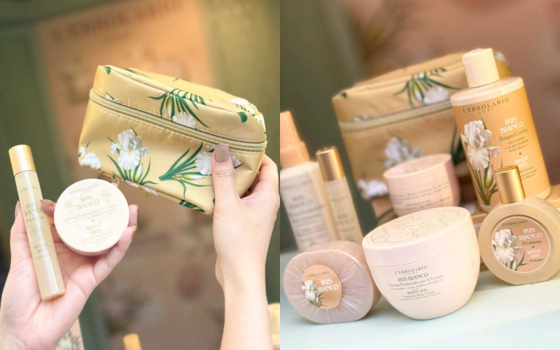 只有在快閃活動限定獨賣的蕾莉歐白鳶尾香氛化妝包，裏頭是香水15ml+潤膚霜75ml的組合，特價999元必須先搶先贏。（圖／吳雅鈴攝）