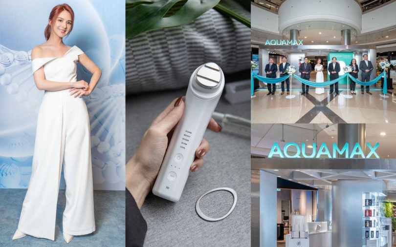 AQUAMAX 101快閃旗艦店開幕當天，代言人郭靜也親自站台，展現逆齡少女肌，現場還能體驗搭配微電流美容儀加強導入，整套流程走一遭，感覺連假就該是這樣溫柔對待自己。（圖／品牌提供）