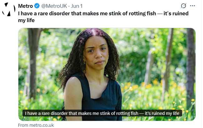 英國29歲媽媽罹患罕見魚臭症,無論如何清潔,身上仍散發腐魚臭味,嚴重影響生活與心理健康,甚至連親人葬禮也缺席。(圖/翻攝自X)