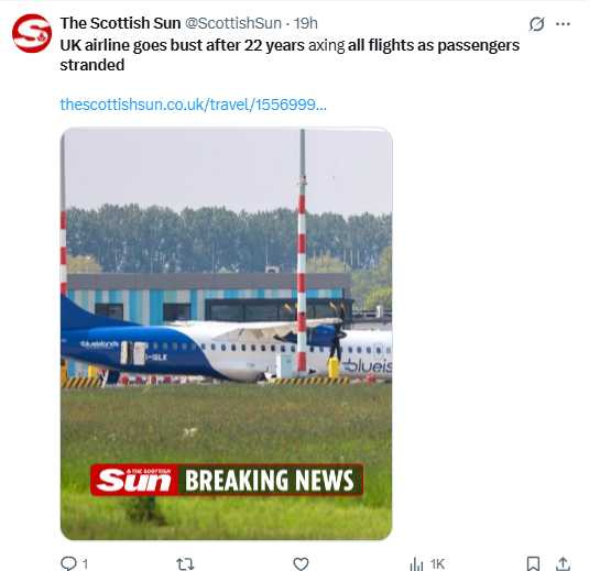 Blue Islands機隊以ATR-72機型為主，如今全數停飛停擺。（圖／翻攝自X，The Scottish Sun）