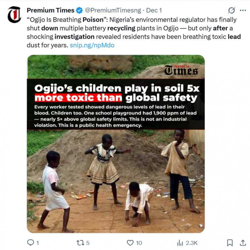 調查團隊檢測70名當地居民與工人血樣，結果顯示鉛濃度嚴重超標，兒童也無一倖免。（圖翻攝自X，@PremiumTimesng）