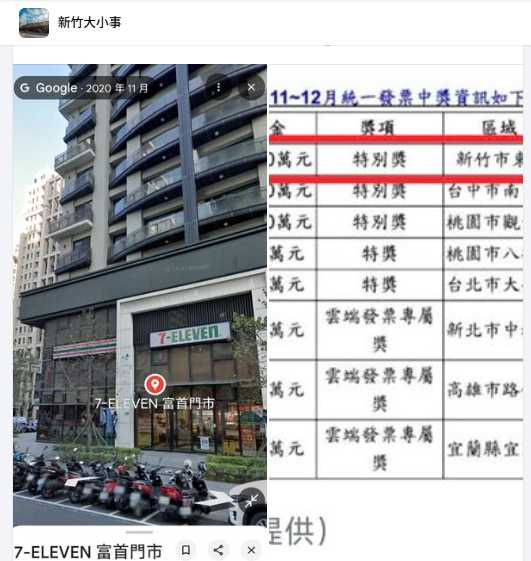 新竹市東區7-ELEVEN富首門市開出1000萬元特別獎,得主僅花59元消費即中大獎。(圖/翻攝自臉書/新竹大小事)