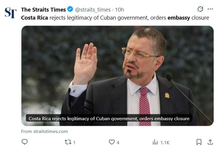 哥斯大黎加關閉古巴使館並要求撤館人員，古巴則指控此舉受美國政策影響。（圖／翻攝自，@straits_times）