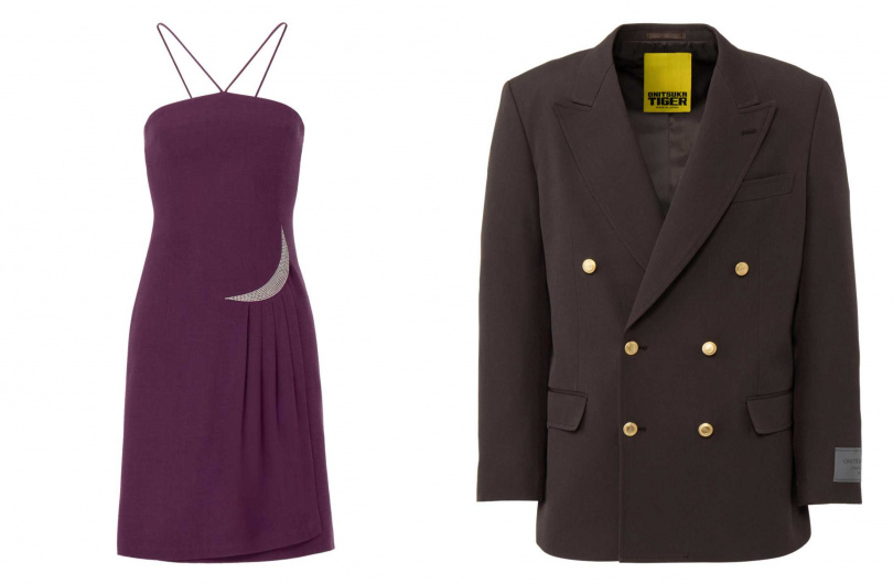 紫色打摺設計細肩帶洋裝、男款深棕色雙排釦西裝外套（圖／品牌提供）