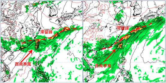 最新(3日20時)歐洲(ECMWF)模式、模擬下週六(13日)20時地面圖(左圖)顯示，仍為滯留鋒與西南季風配合的型態。最新美國(GFS)模式、同時的模擬(右圖)亦顯示，型態雖略有差異、但仍類似。（圖／翻攝自「洩天機教室」）